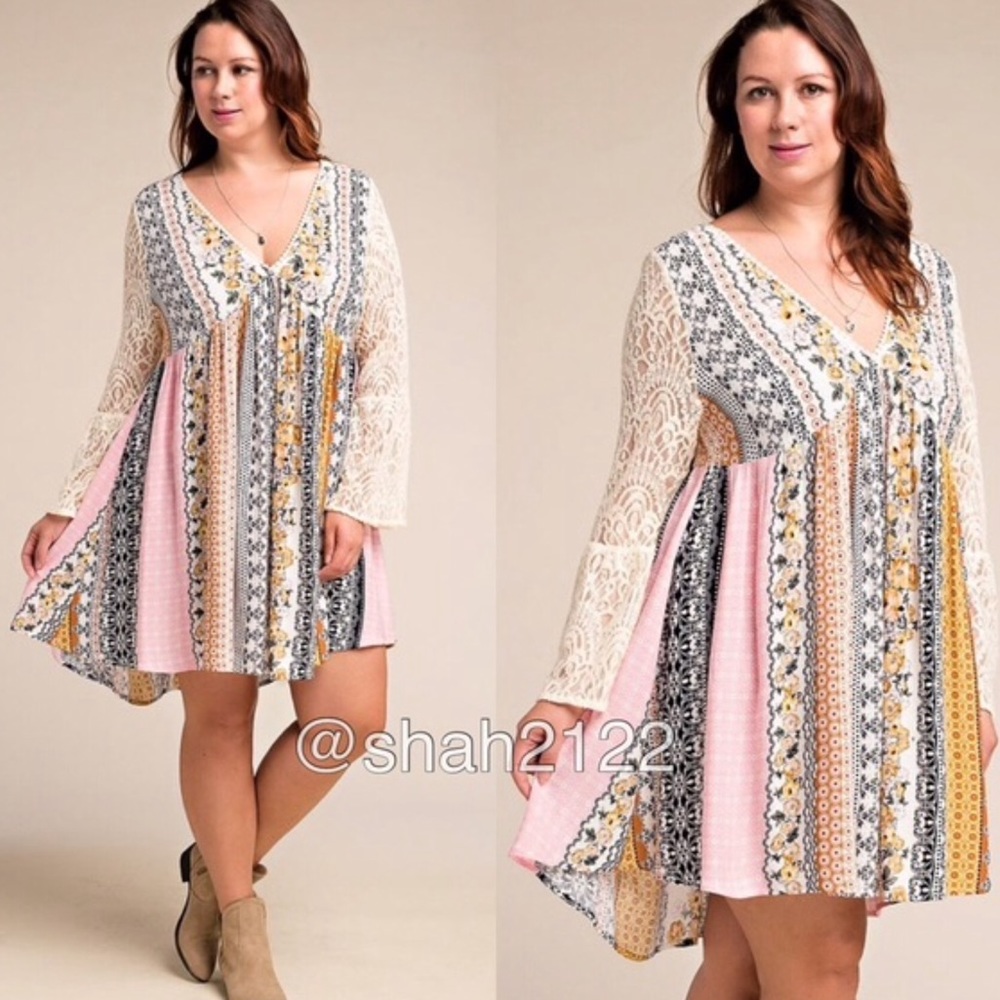 Boho dress with lace bell flair sleeves NWT